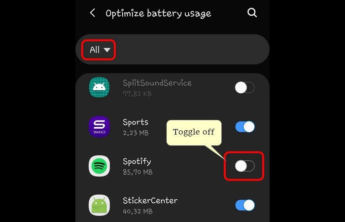 Disable battery optimization for Spotify