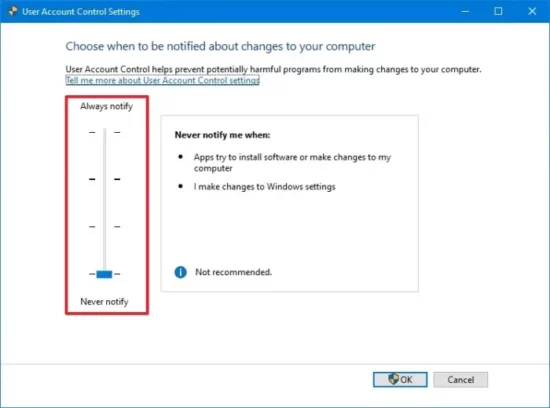 User Account Control settings in Windows