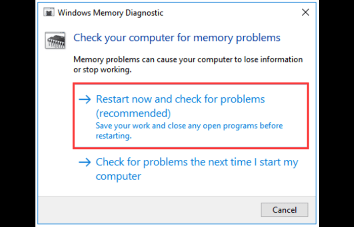 Windows Memory Diagnostic Restart Option