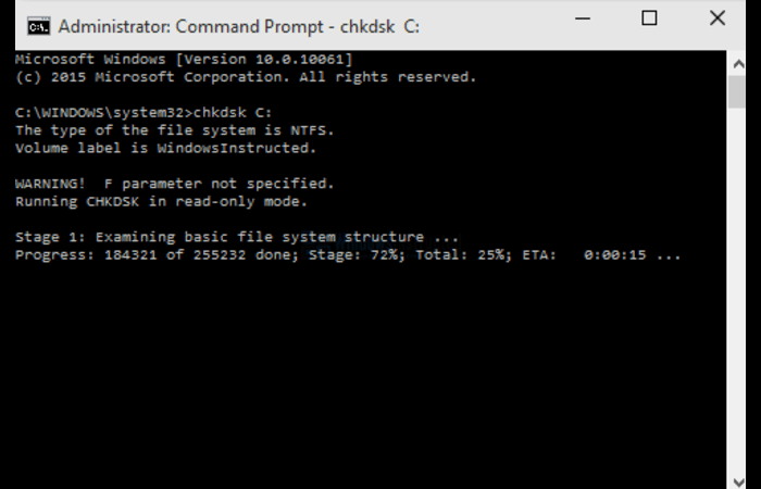 chkdsk Running in Command Prompt