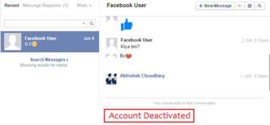 Facebook deactivated account message