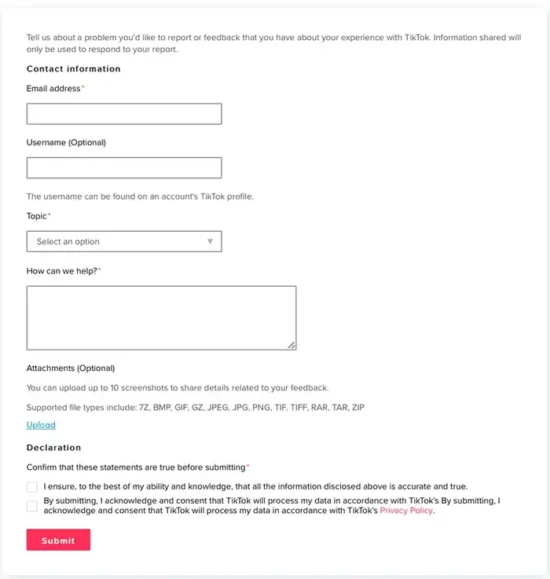 TikTok Support Email Form
